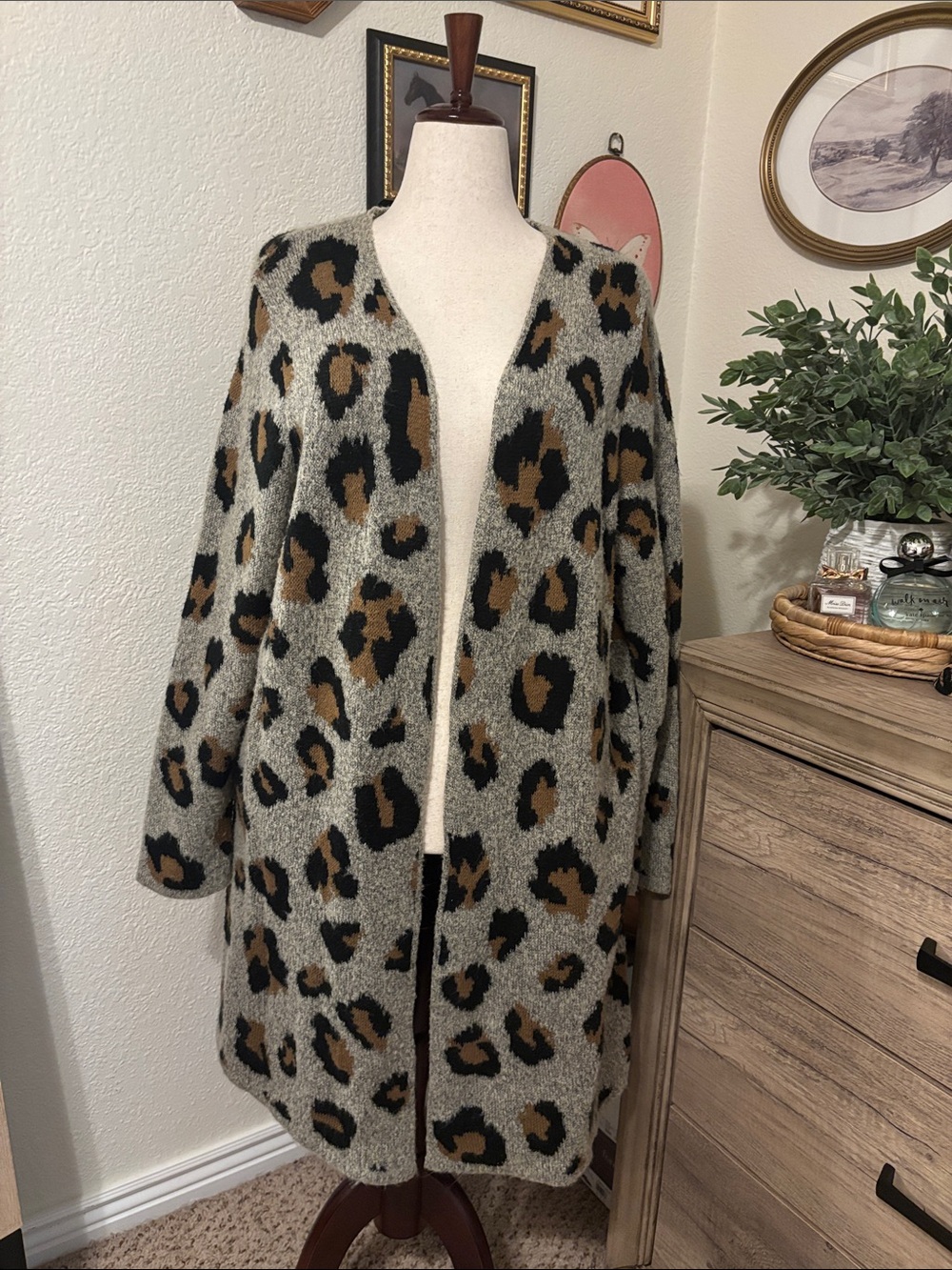EVRI Cozy Leopard Print Open Cardigan - Grey, Black & Brown-Size 1X